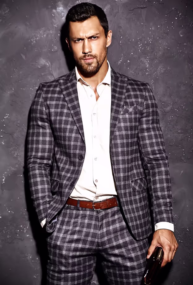 Patterned Suit: Suit with bold patterns, such as checks, stripes, or florals.